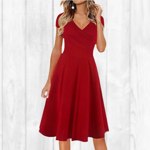 Oxiuly Fashion Criss Cross V-Neck Floral Flare Midi Summer Red Wrap Dress (XL) - Picture 1 of 9
